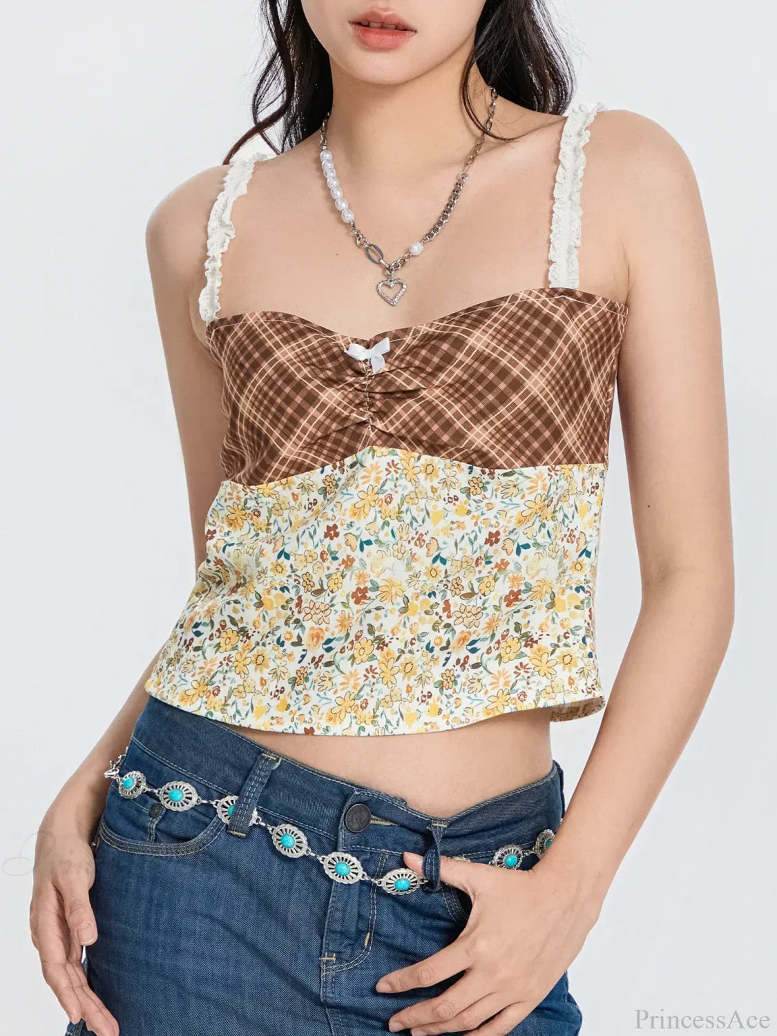 Plaid Floral Patchwork Bow Tie-up Backless Crop Top croptop-250126