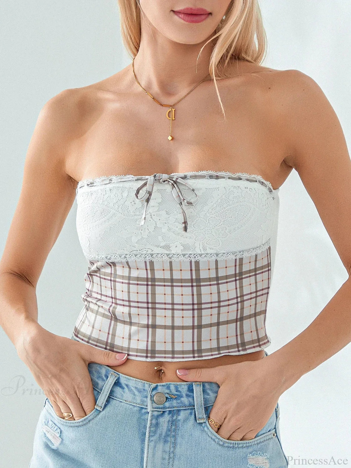 Plaid Lace Patchwork Off-shoulder Strapless Tube Top croptop-250126