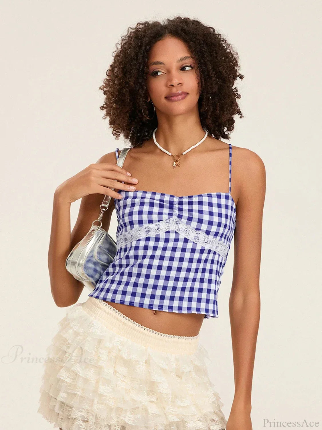 Plaid Lace Patchwork Spaghetti Strap Low-cut Crop Top croptop-250126