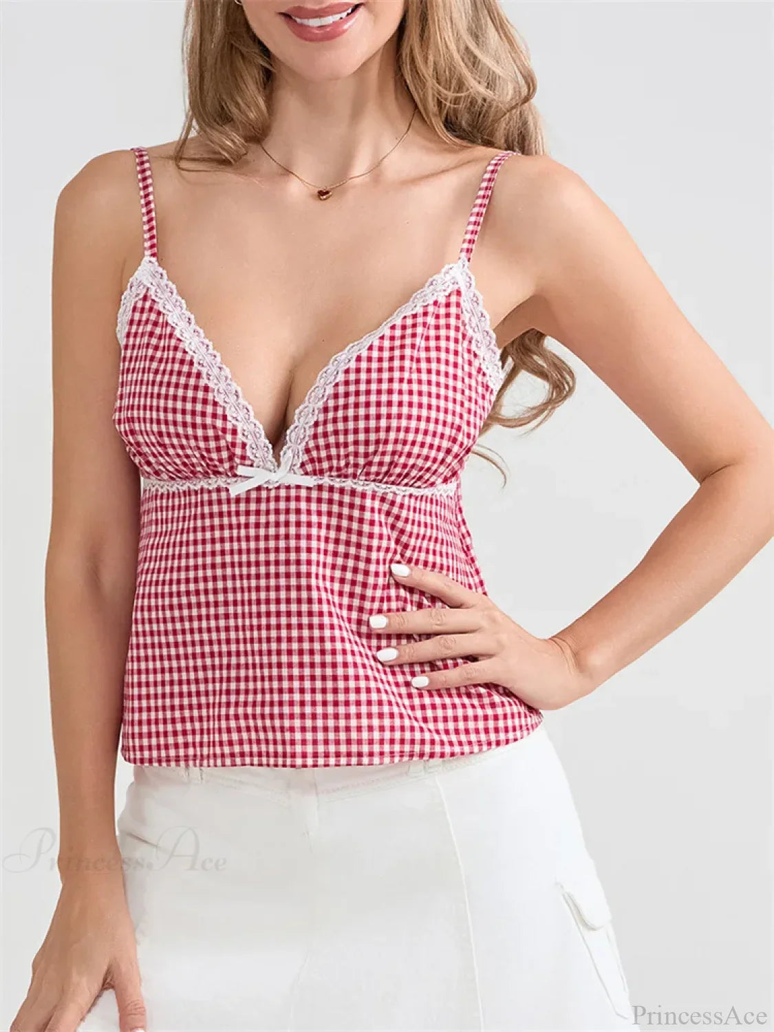 Plaid Lace Trim Spaghetti Strap Tank Crop Top croptop-250126