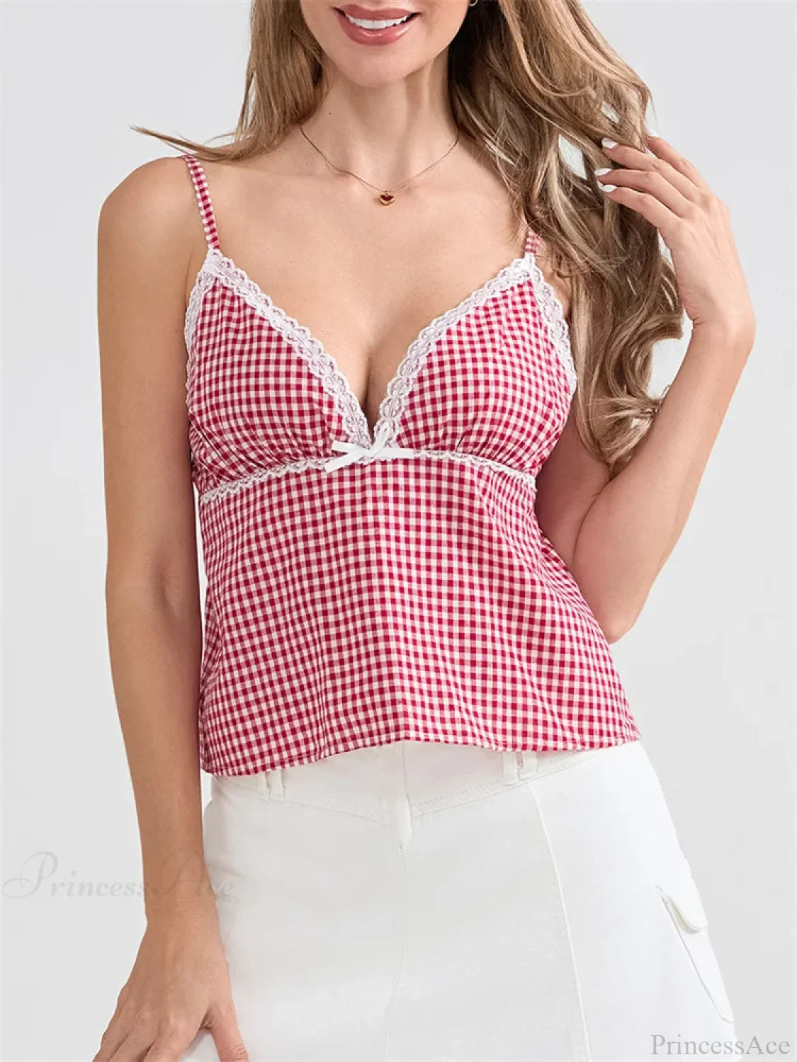 Plaid Lace Trim Spaghetti Strap Tank Crop Top croptop-250126