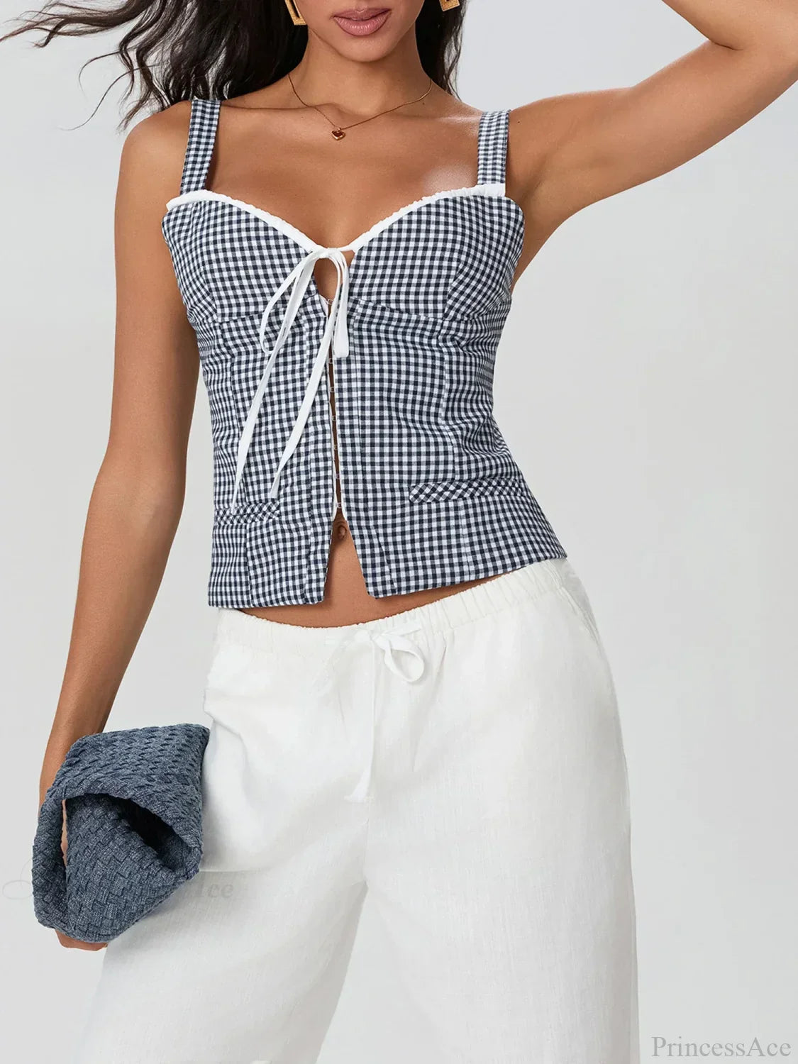 Plaid Print Backless Sleeveless Low Cut Tied Crop Vest Black / XS croptop-250126