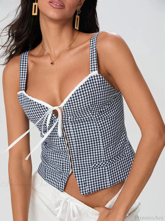 Plaid Print Backless Sleeveless Low Cut Tied Crop Vest croptop-250126