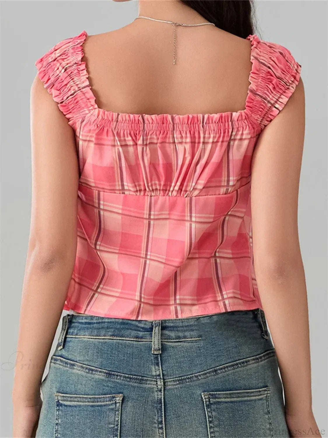 Plaid Round Neck Front Split Sleeveless Crop Top croptop-250126