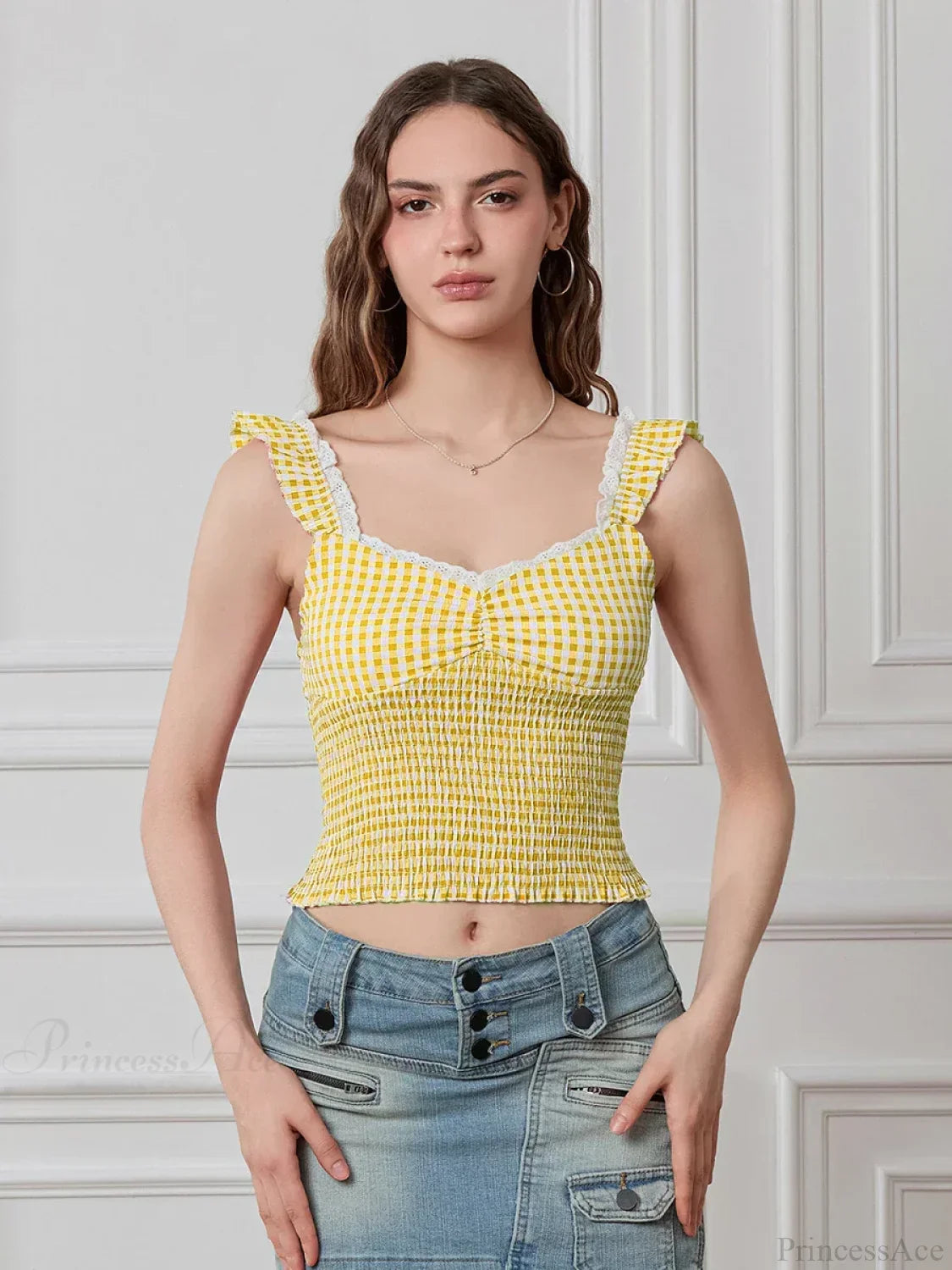 Plaid Ruffle Strap Sweetheart Lace Trim Cropped Tank Top YELLOW / S croptop-250126