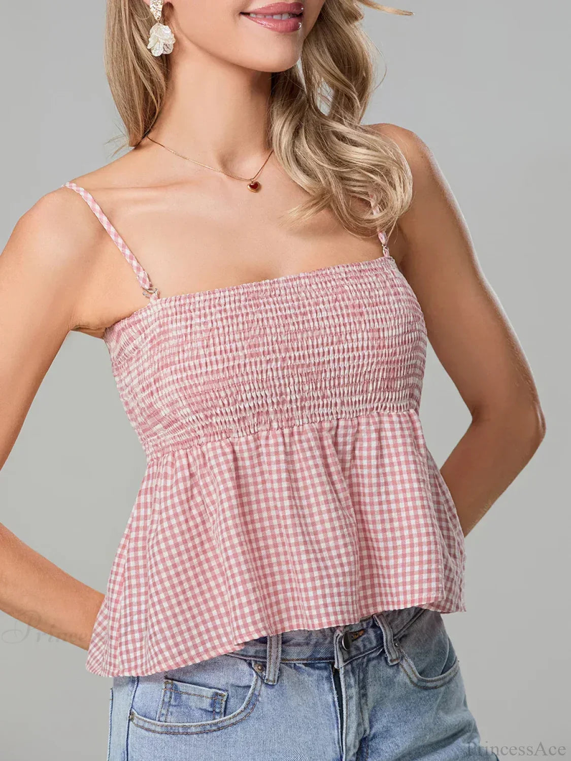 Plaid Smocked Backless Spaghetti Strap Frill Hem Crop Top croptop-250126