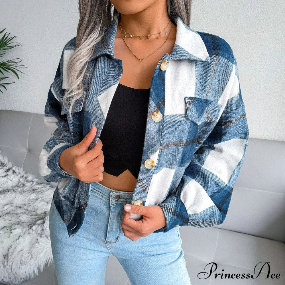 Plaid Vintage Pockets Oversized Jacket Blue / S