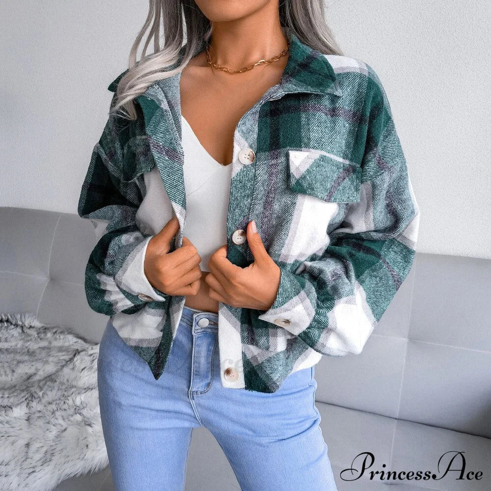 Plaid Vintage Pockets Oversized Jacket Green / S