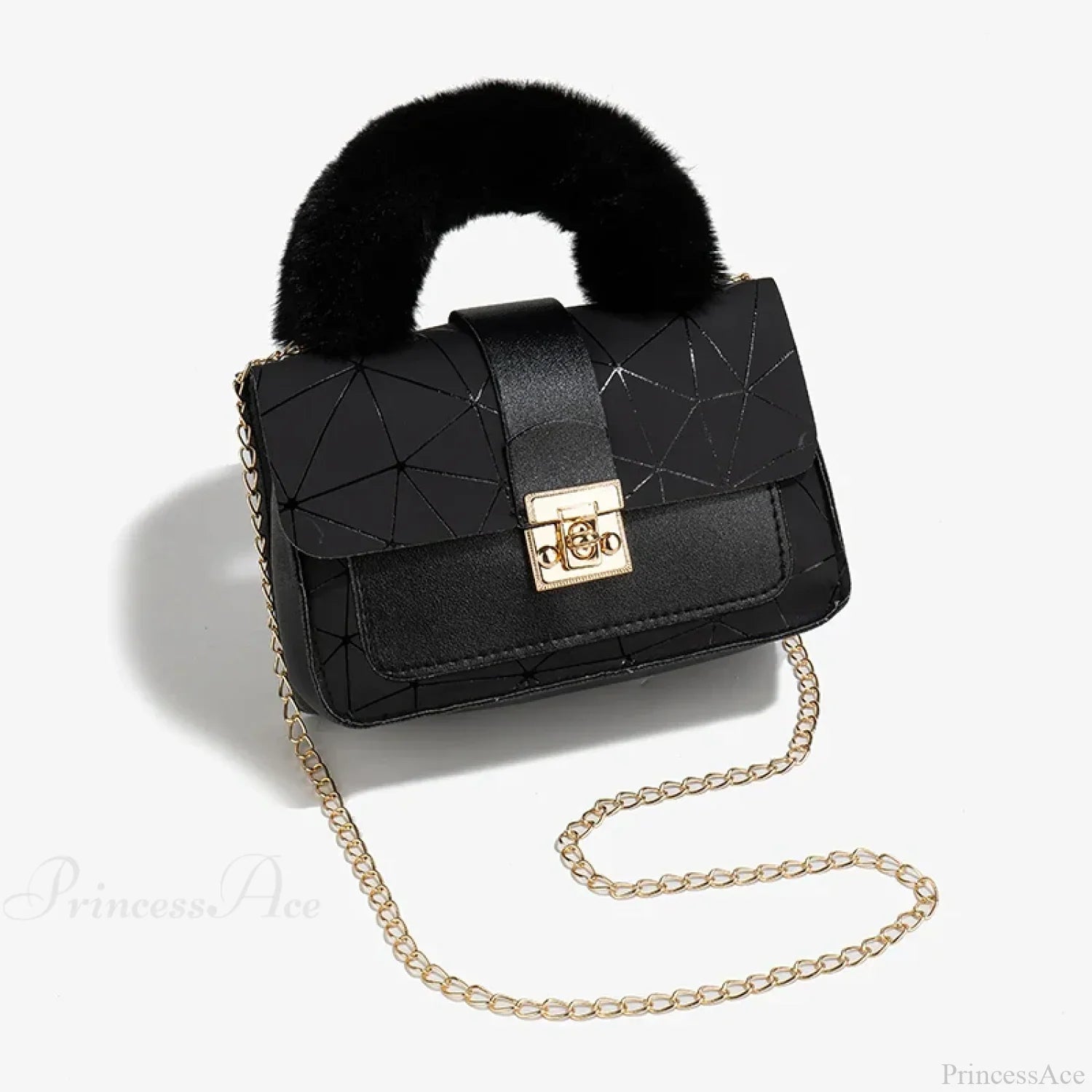 Plush Small Square Printed Messenger Handbag Black handbag-250126