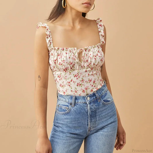 Polka Dot Square Neck Tie Sleeveless Frill Strap Smocked Fitted Sexy Crop Top WHITE1 / S croptop-250126