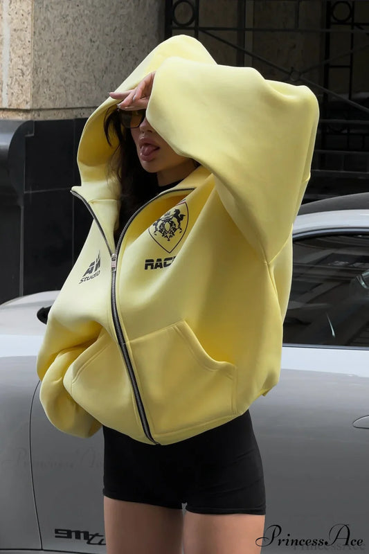 Printed Oversized Zip Hoodie Yellow / S