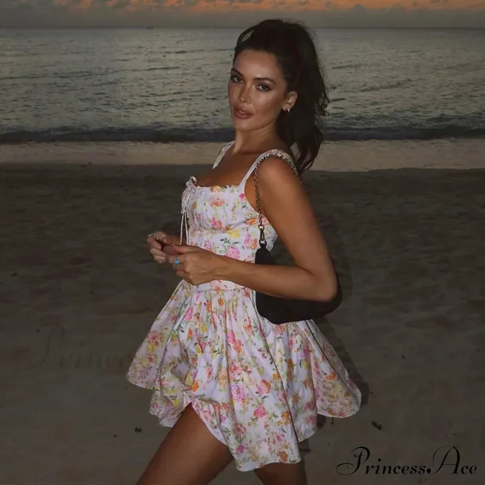 Printed Square Neck Charming Strap Corset Mini Dress Floral Print