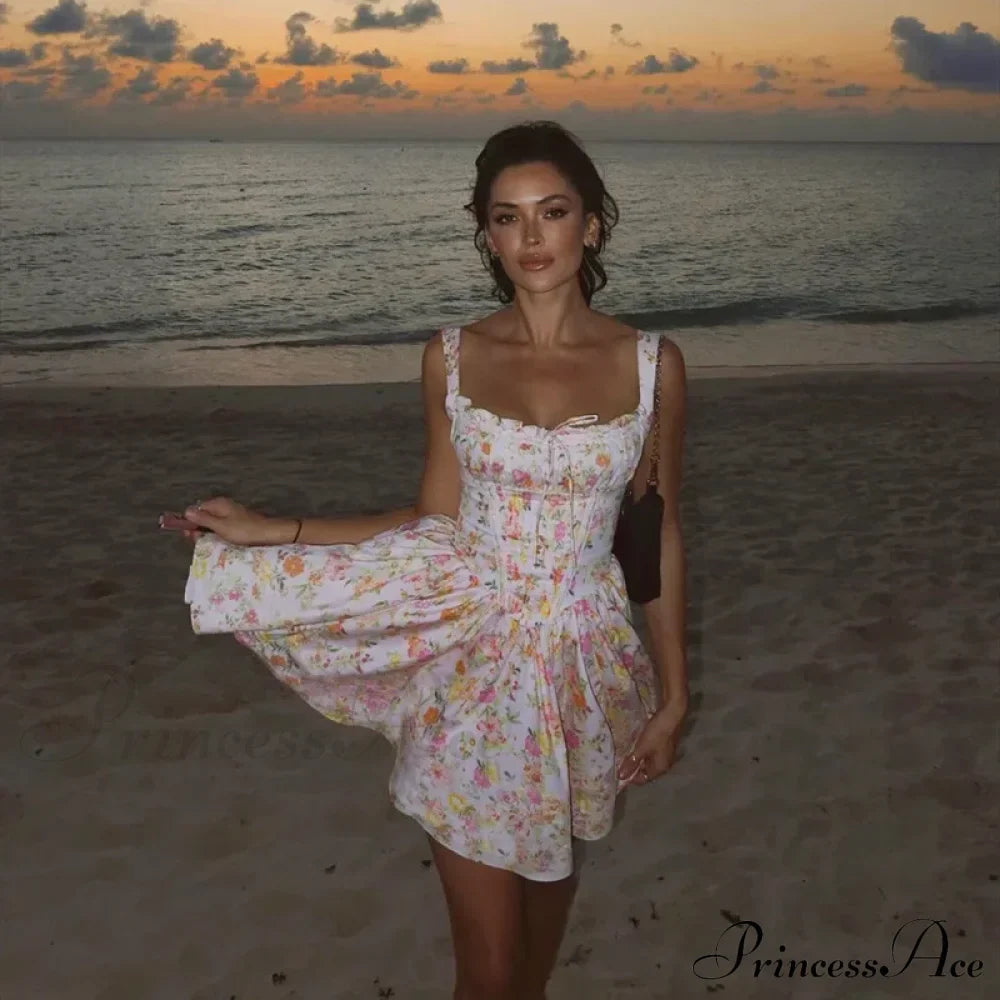 Printed Square Neck Charming Strap Corset Mini Dress Floral Print