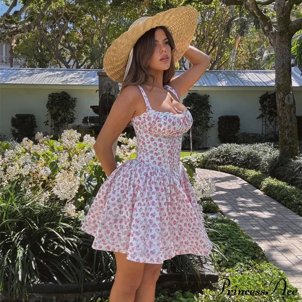 Printed Square Neck Charming Strap Corset Mini Dress Floral Print
