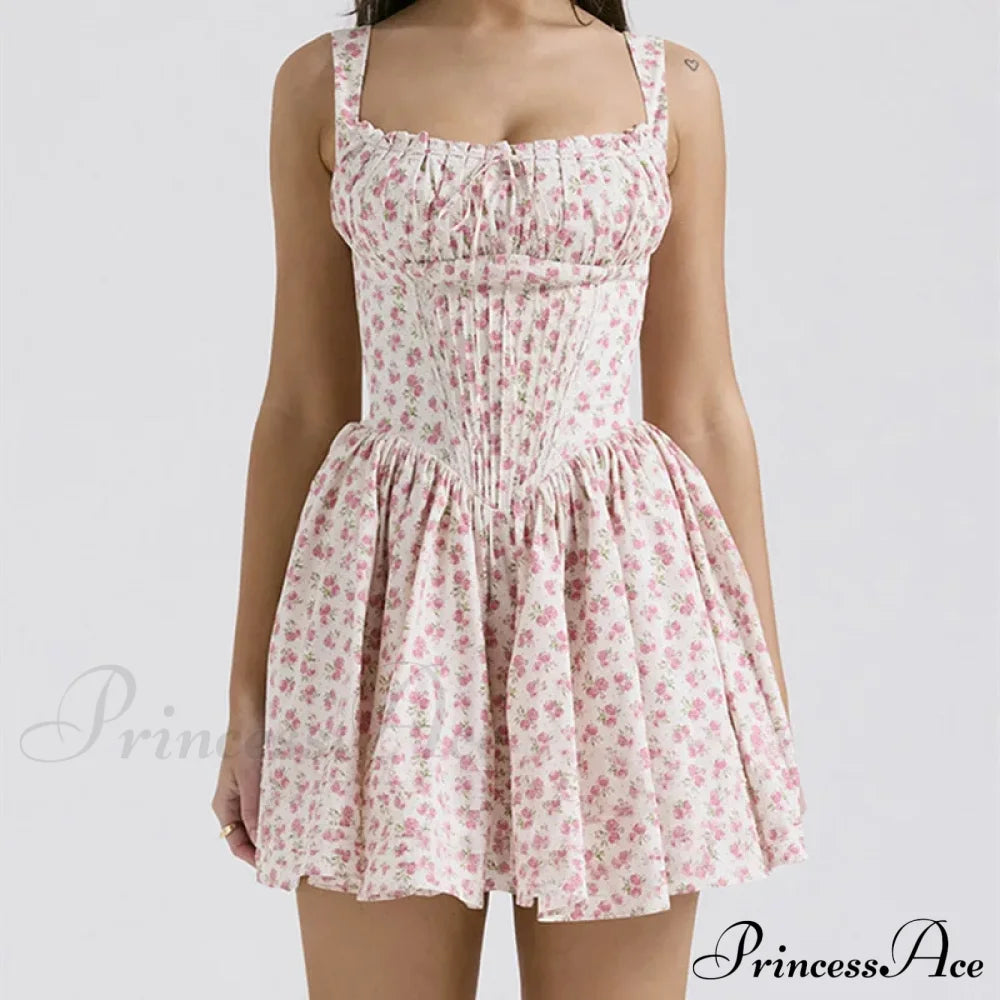 Printed Square Neck Charming Strap Corset Mini Dress Floral Print