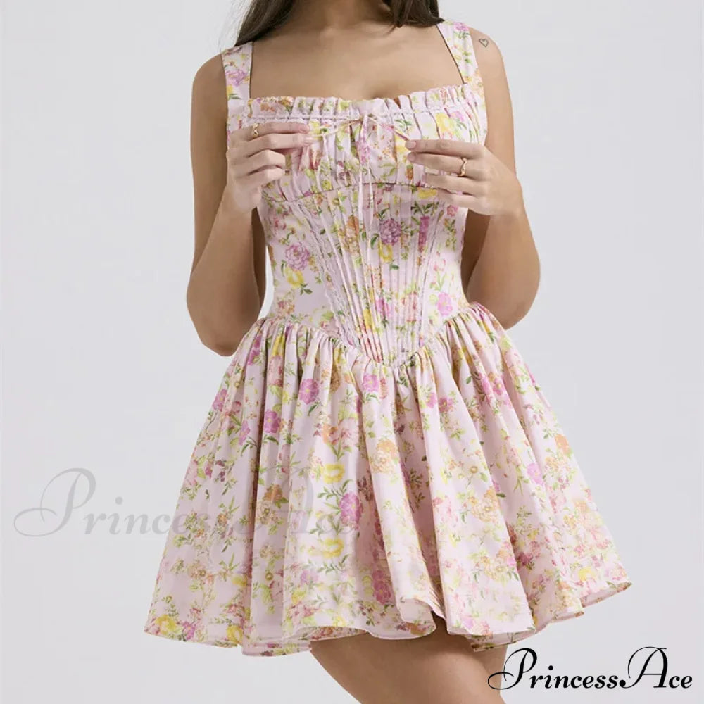 Printed Square Neck Charming Strap Corset Mini Dress Floral Print