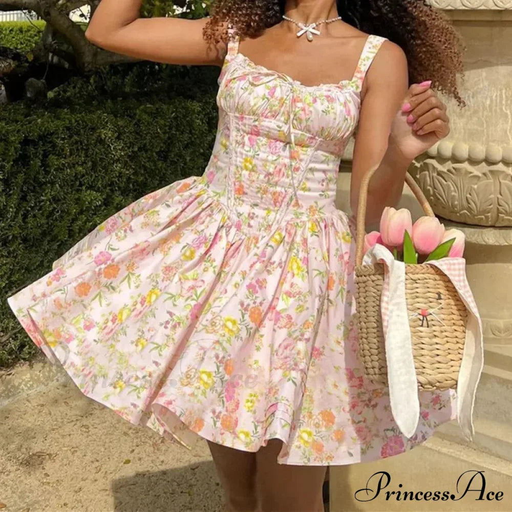Printed Square Neck Charming Strap Corset Mini Dress Floral Print