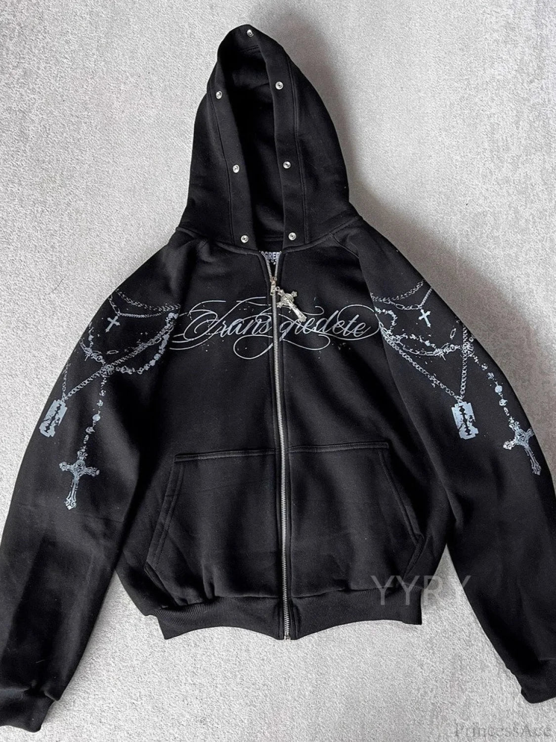 Printed Zipper Detachable Fur Hoodie