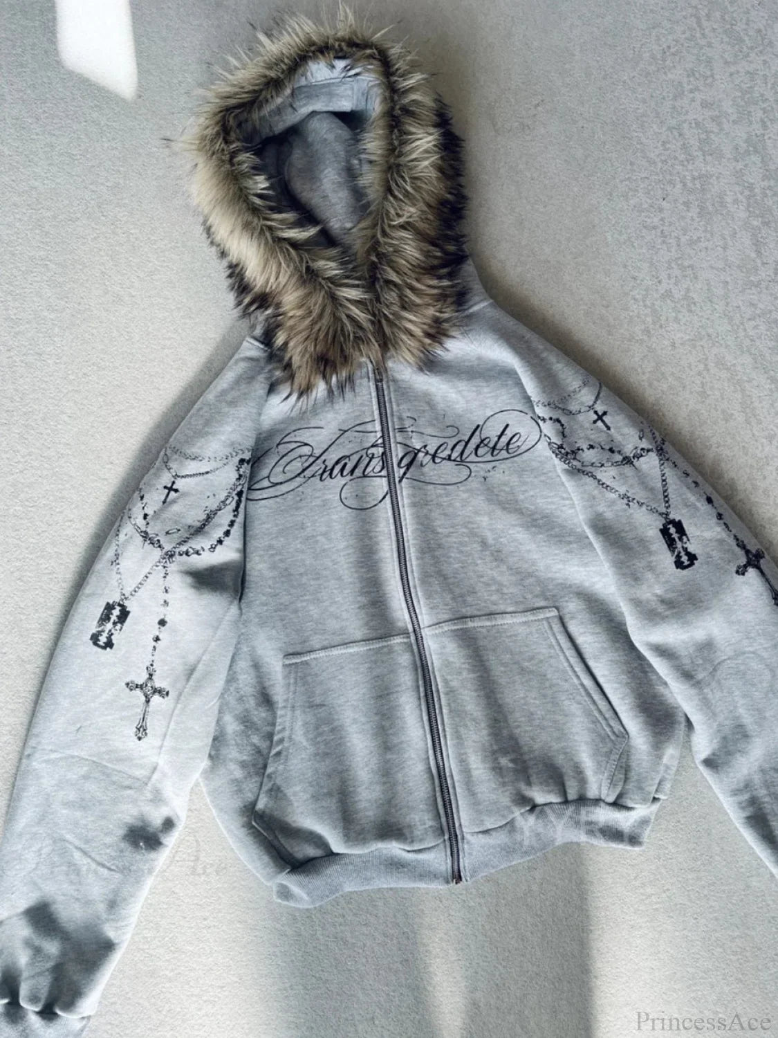 Printed Zipper Detachable Fur Hoodie