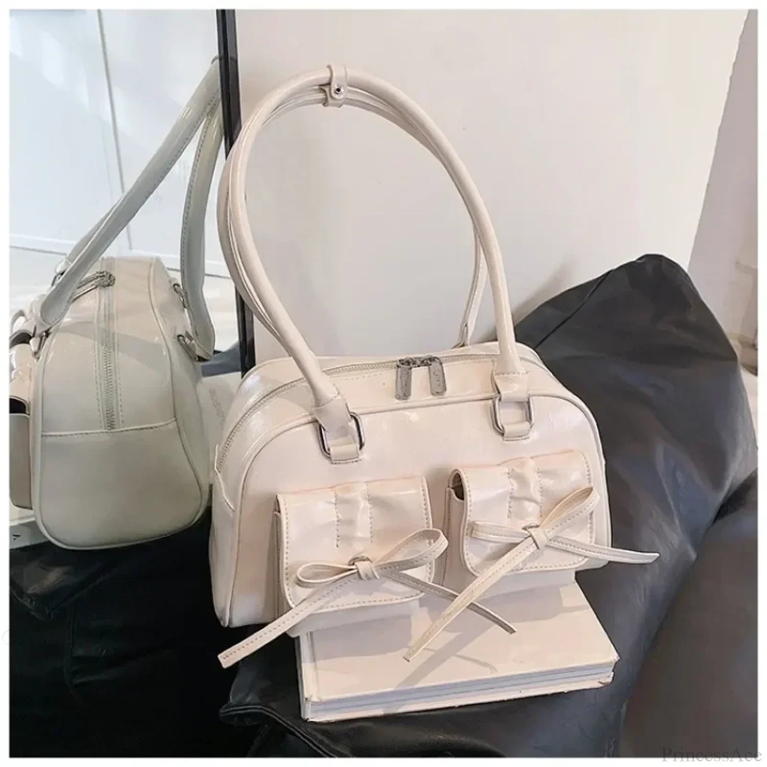 PU Leather Bow Shoulder Handbag Beige / 30x17x10cm shoulder-250126