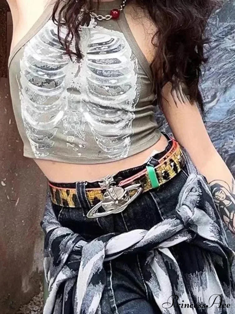 Punk Aesthetic Cyber Retro X-Ray Skeleton Print Sleeveless Vest Armygreen Crop Designer Clothes