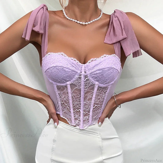 Purple Lace Bow Shoulder Strap Fishbone Crop Top Purple / S croptop-250126