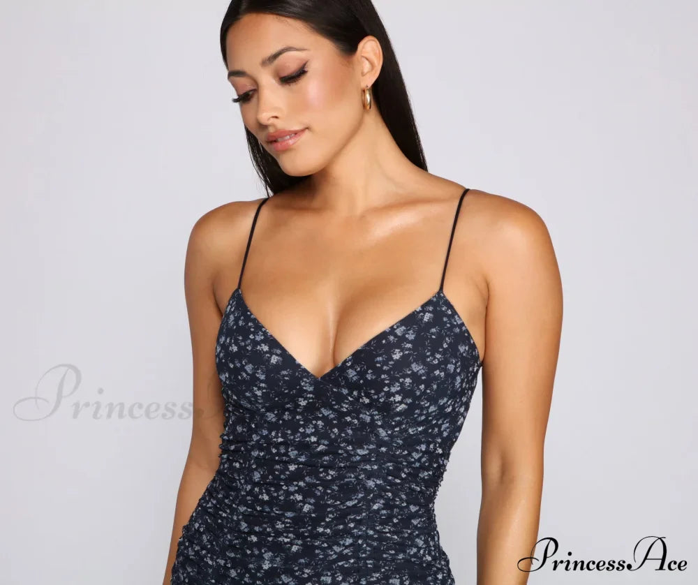 Ravishing Florals Stylish Ruched Mini Dress Casual Dresses