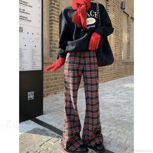 Red Plaid Y2K Women Wide Leg Pants red / S