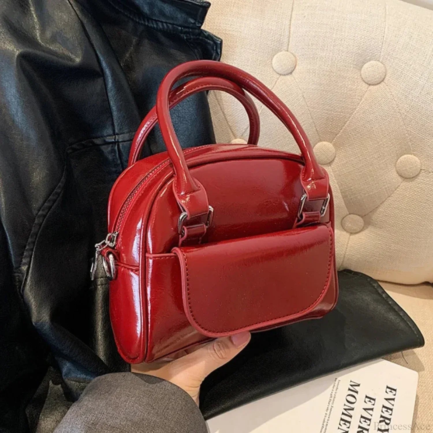 Red Solid PU Leather Underarm Shoulder Bag Red shoulder-250126