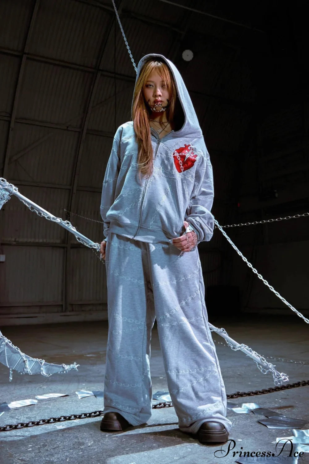 Relaxed Fit Chain Heart 3D Embroidery Print Hoodie