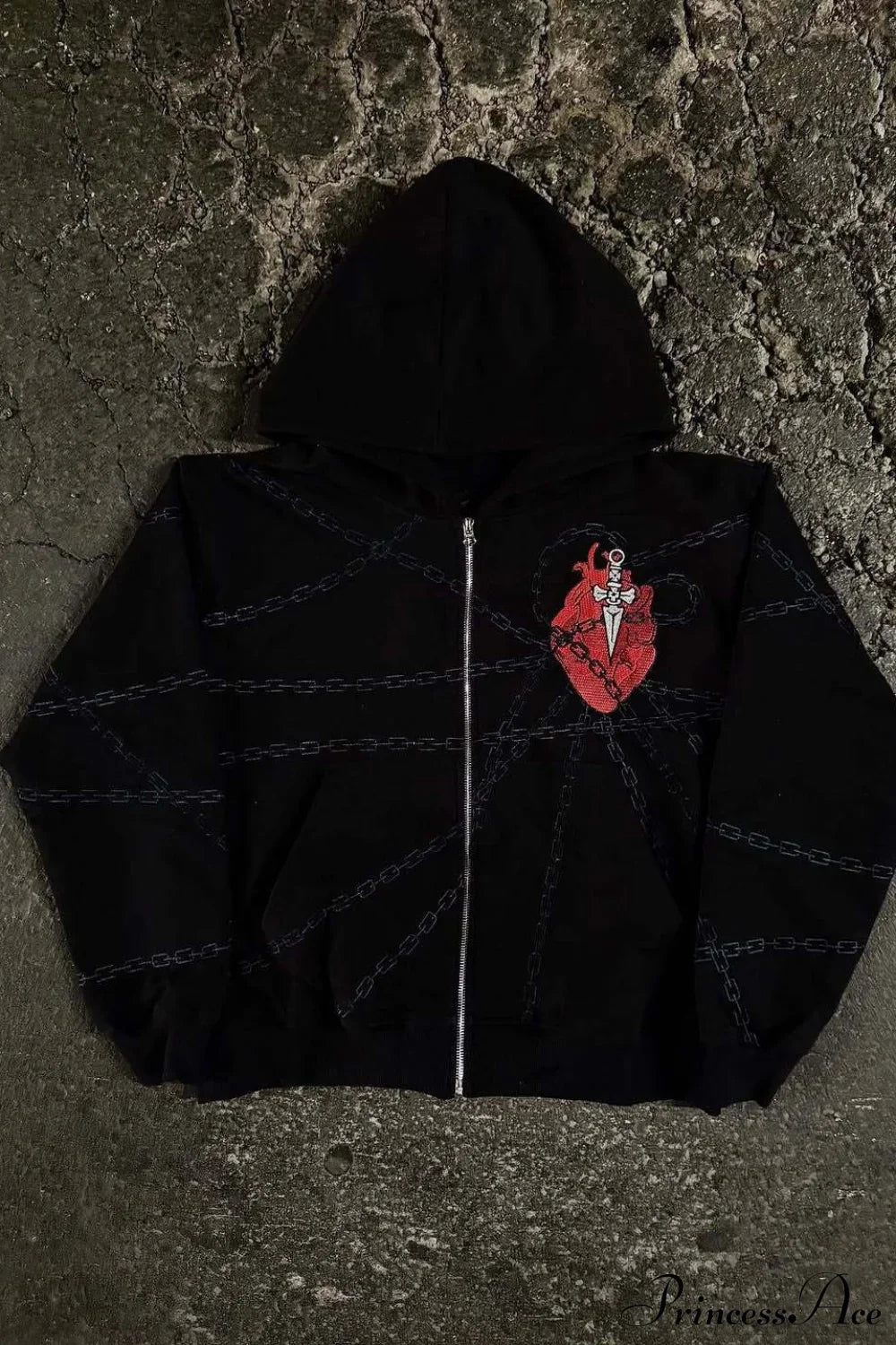 Relaxed Fit Chain Heart 3D Embroidery Print Hoodie Black / S