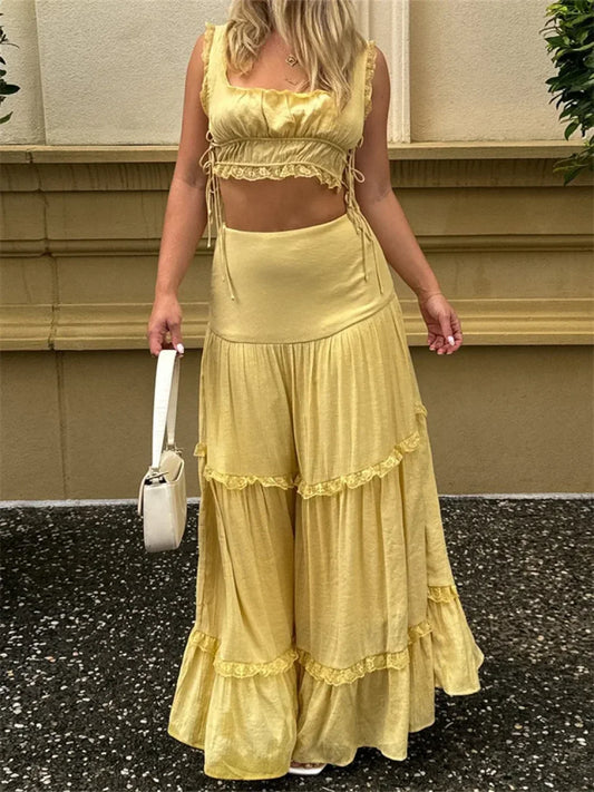 Retro Lace Trim Sleeveless Square Neck Tank Crop Top with Long Skirt Set YELLOW / S twopiecesset-250126