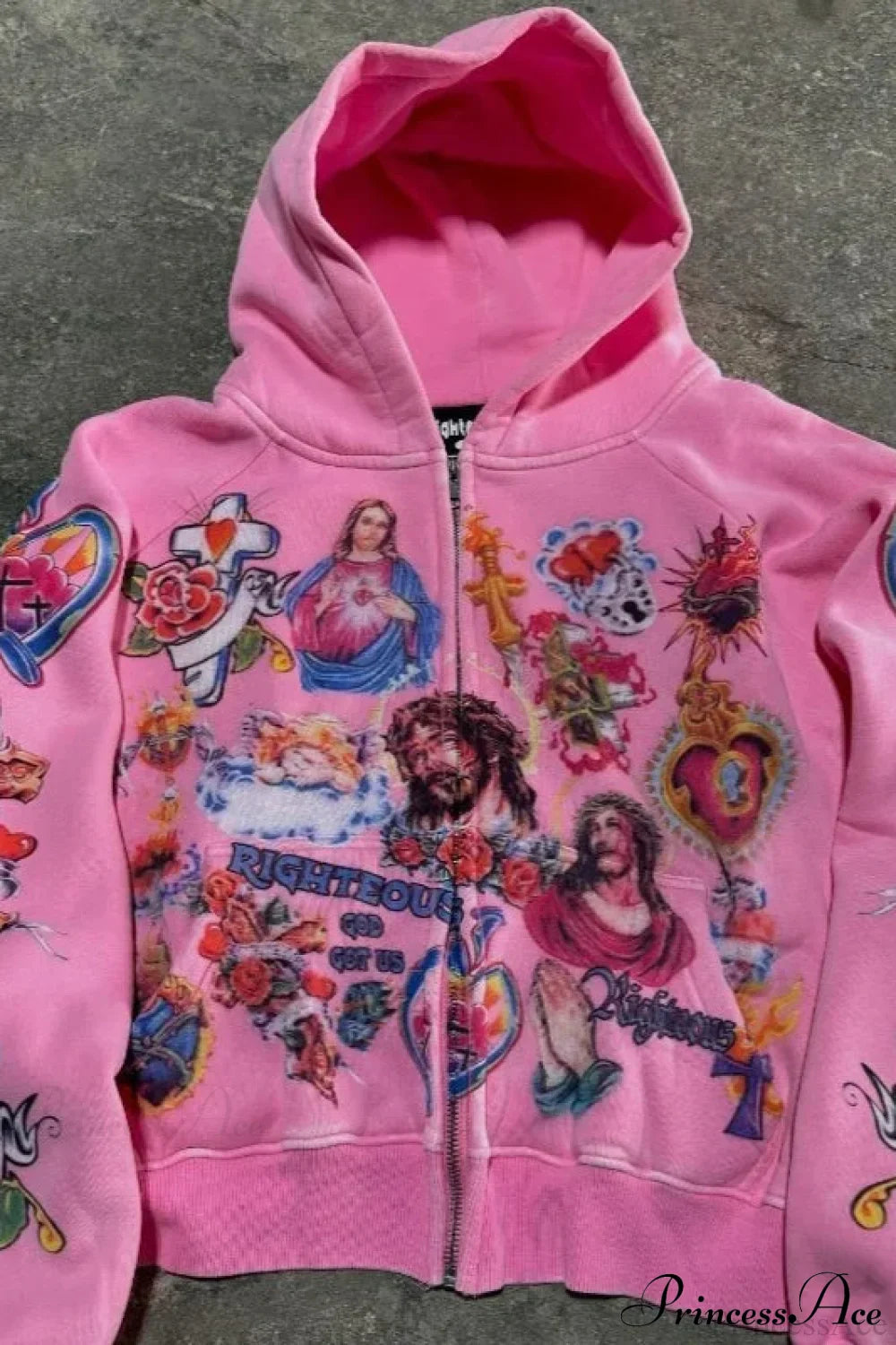 Retro Pattern Printed Loose Hoodie Pink / S