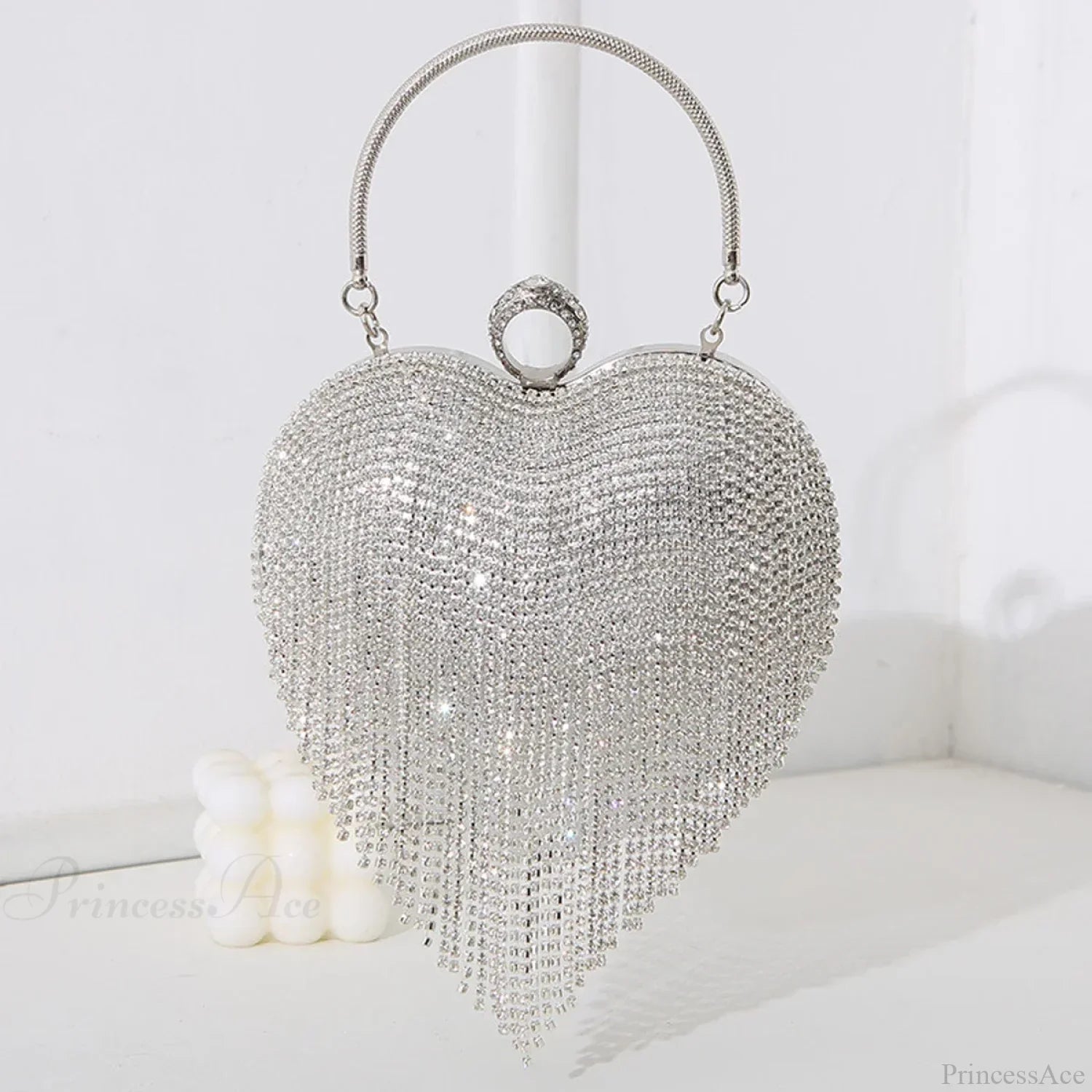 Rhinestone Heart Pattern Silver Evening Clutch Wedding Bridal Purse clutchbag-250126
