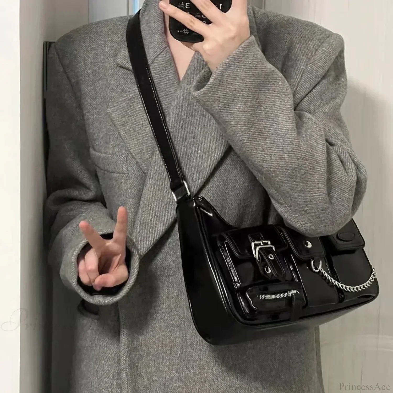 Richme Punk Chain Crossbody Shoulder Bag Black shoulder-250126