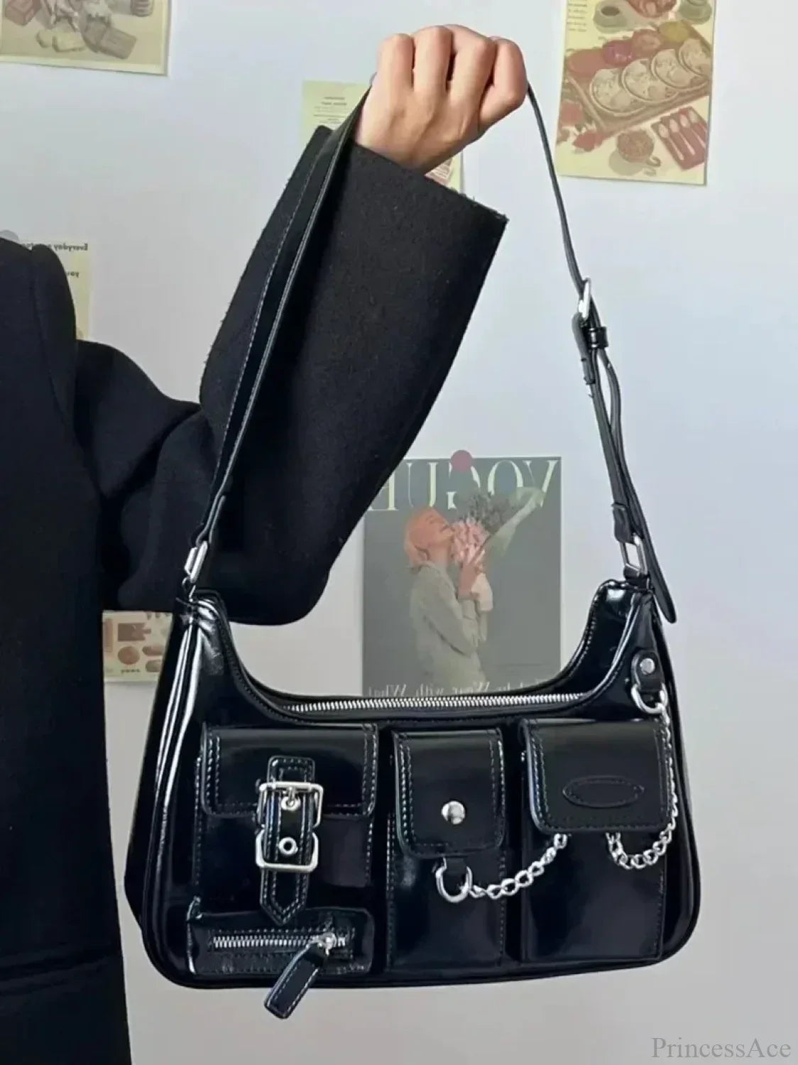 Richme Punk Chain Crossbody Shoulder Bag Black shoulder-250126