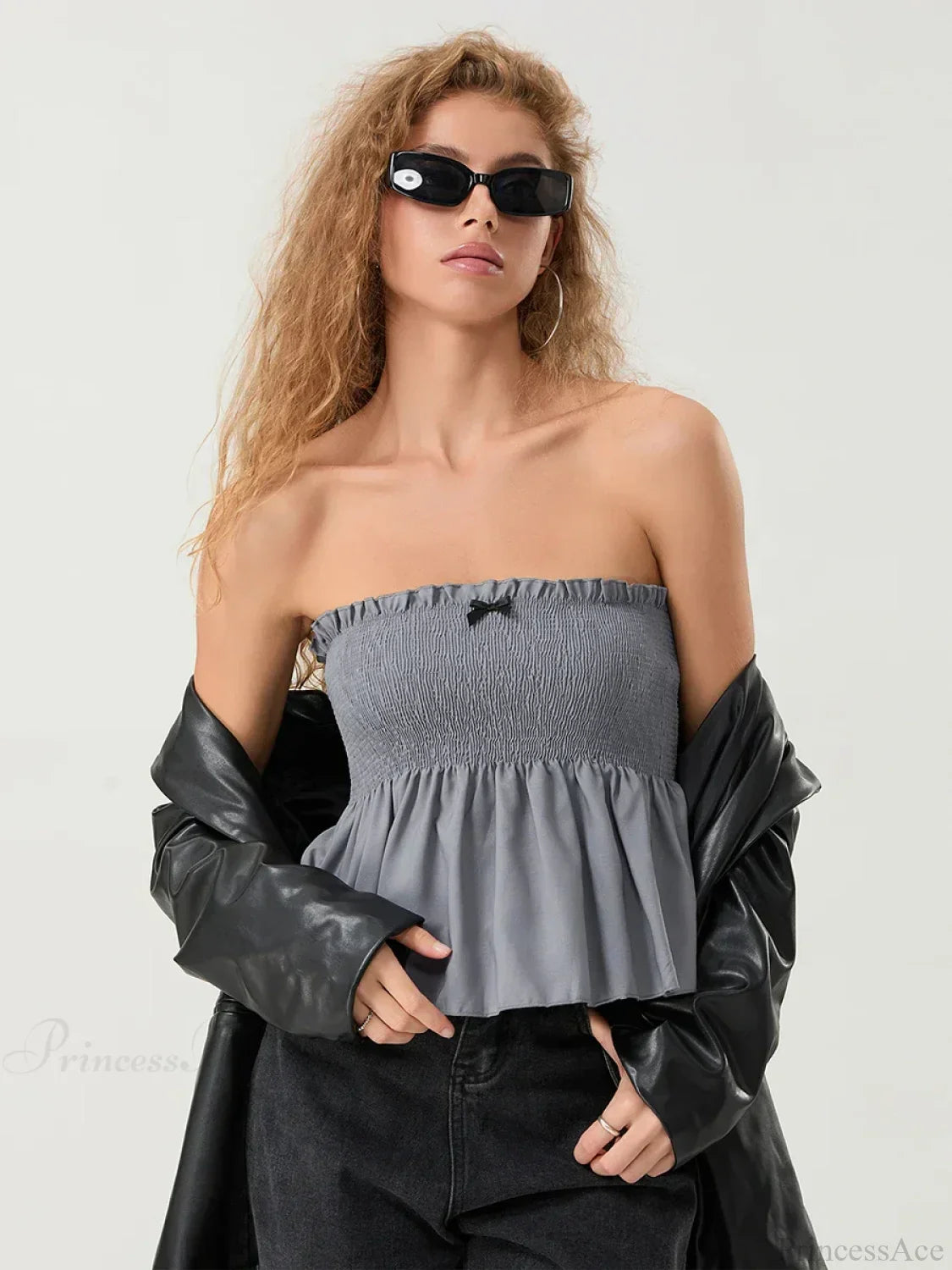 Ruffled Strapless Smocked Flowing Hem Bodydoll Tube Top croptop-250126