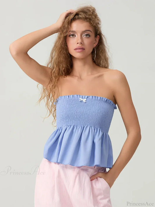 Ruffled Strapless Smocked Flowing Hem Bodydoll Tube Top croptop-250126