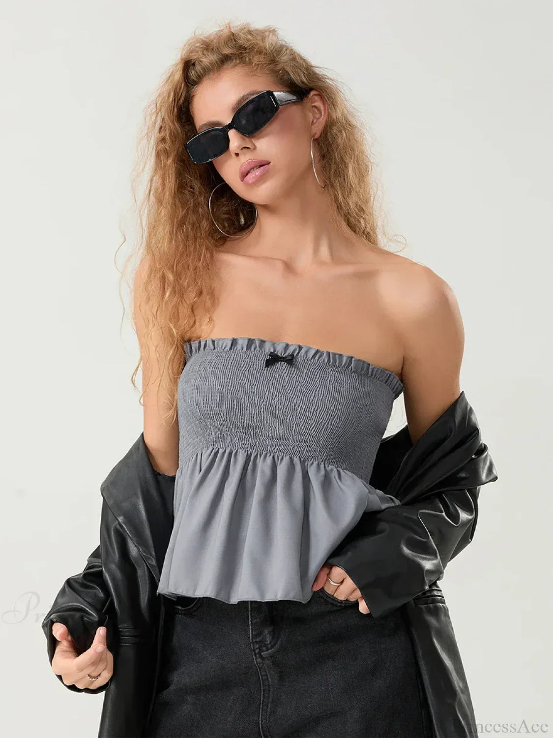 Ruffled Strapless Smocked Flowing Hem Bodydoll Tube Top GRAY / S croptop-250126