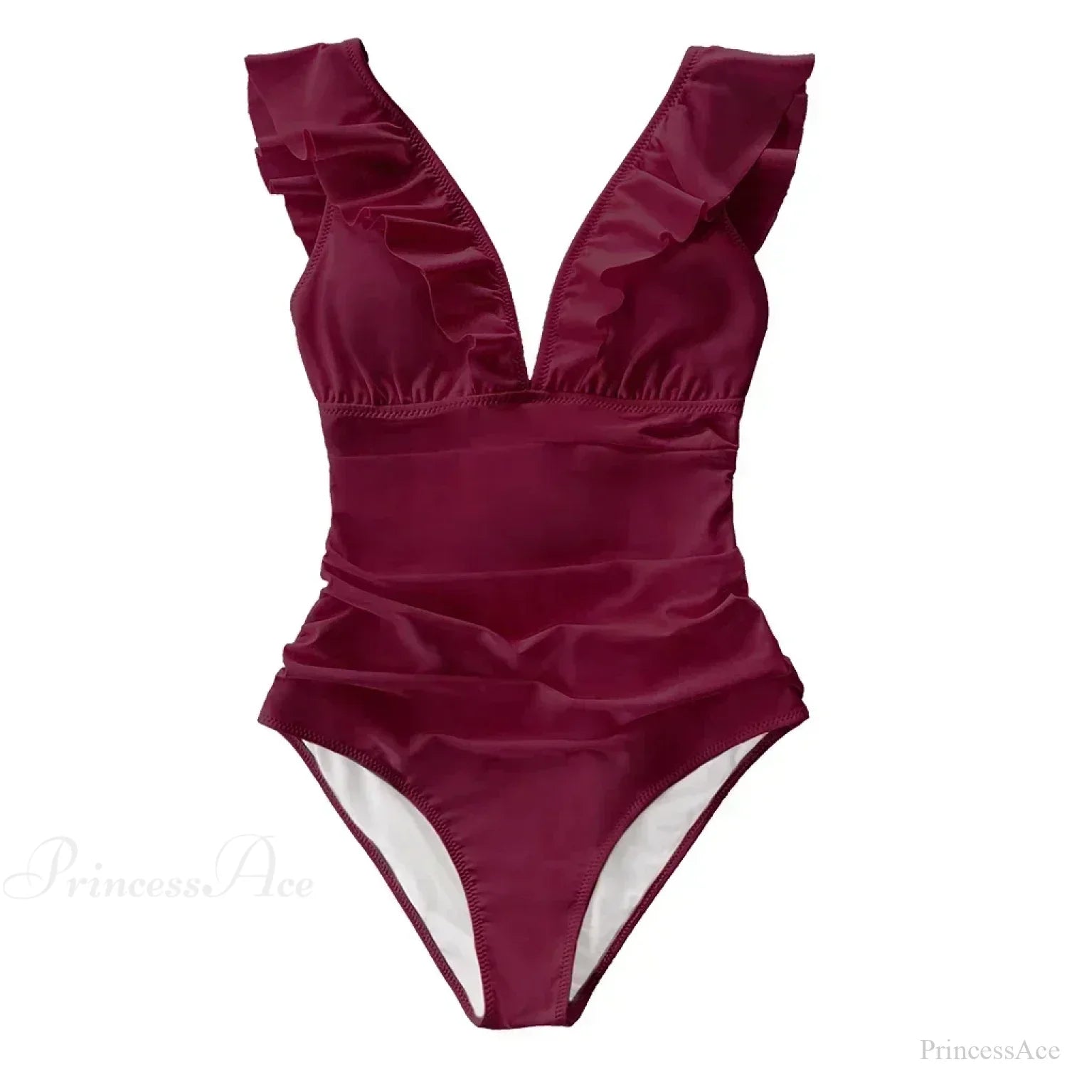 Ruffled V-neck Lace Up One Piece Set burgundy / S
