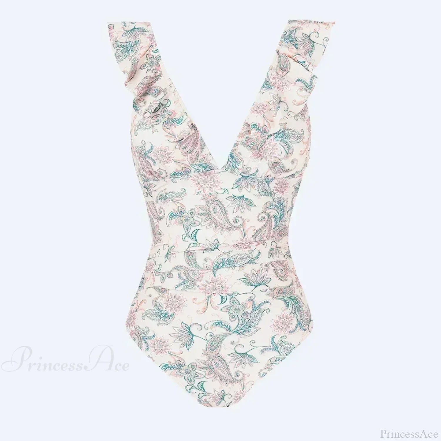 Ruffled V-neck Lace Up One Piece Set WhitFloral / S
