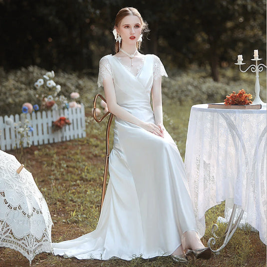 Satin V-Neck Lace Wedding Dress white / XS weddingdress-250223