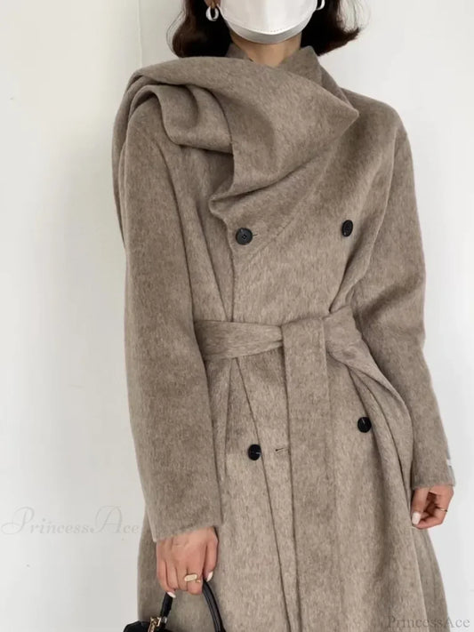 Scarf Collar Double-Breasted Wool Overcoat Oat Color / One Size