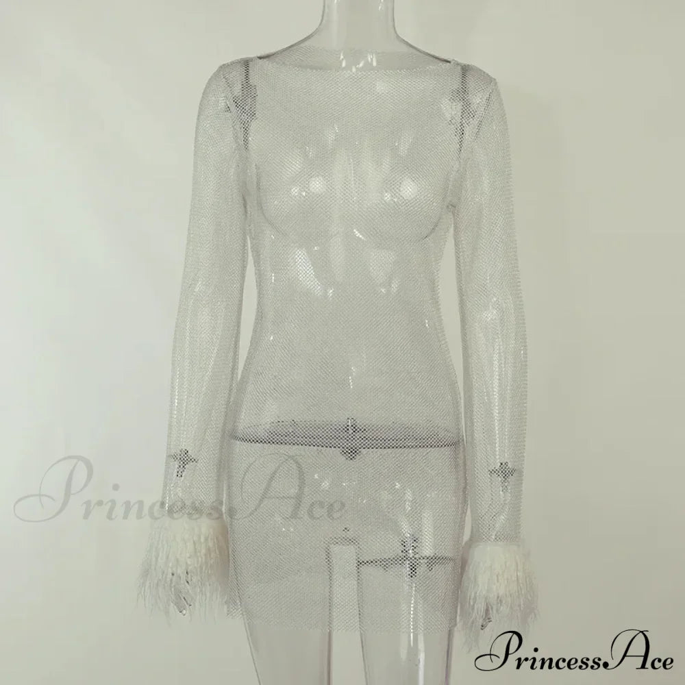 See Through Mesh Autumn Black Long O-Neck Sexy Club Partywear Fashion Bodycon Dress White / S