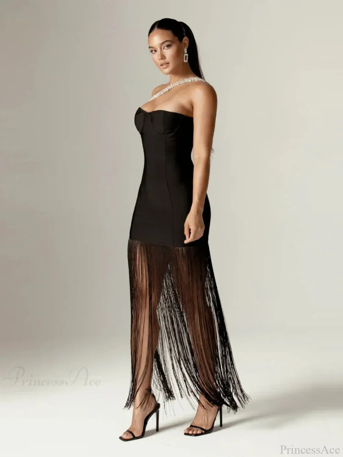 Sexy One Shoulder Diamonds Strap Tassel Bandage Dress Shiny Rhinestone Christmas Party Dresses-L