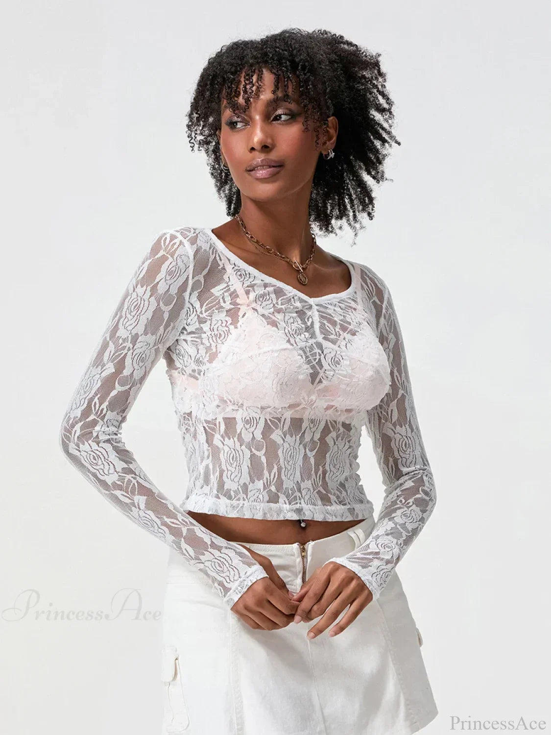 Sheer Lace Long Sleeve V-neck Mesh Crop T-shirt croptop-250126