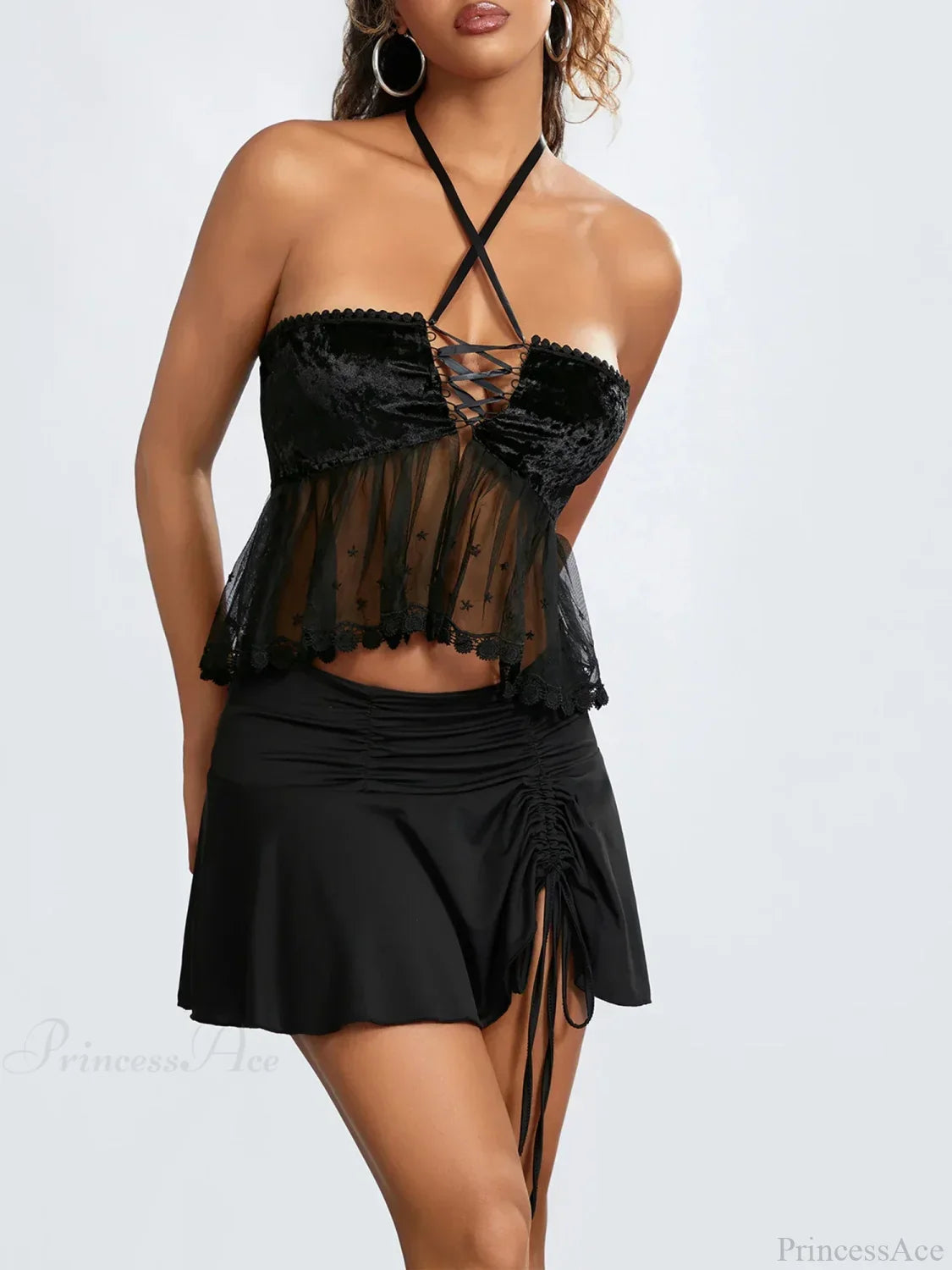 Sheer Mesh Halter Tie-up Strapless Backless Bandeau croptop-250126