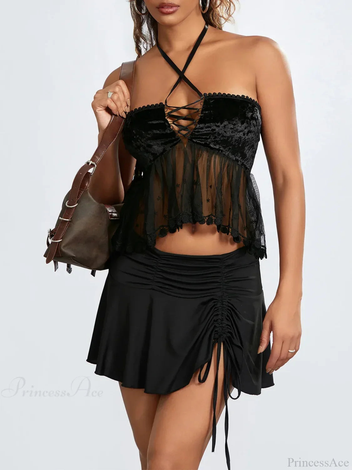 Sheer Mesh Halter Tie-up Strapless Backless Bandeau croptop-250126