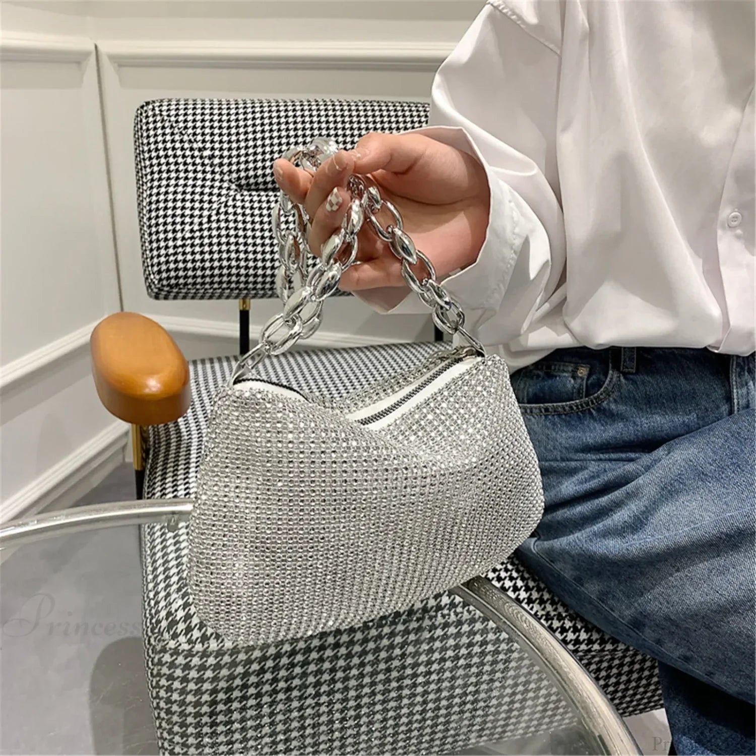 Shiny Crystal Rhinestones Evening Clutch Bag Wristlet SILVER wristlet-250126