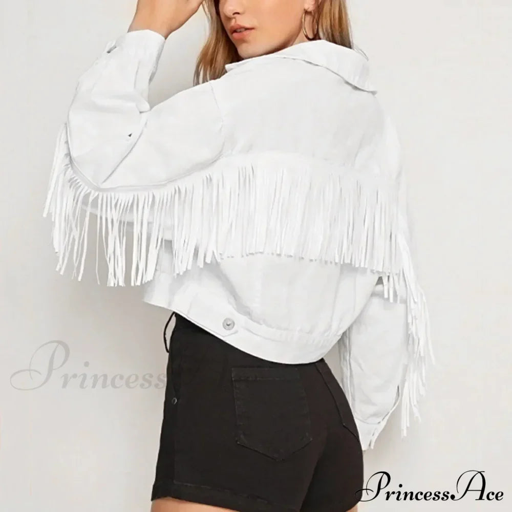 Short Loose Denim Wi Pockets Lapel Button Tassel Chic Stylish Elegant Fashionable Versatile